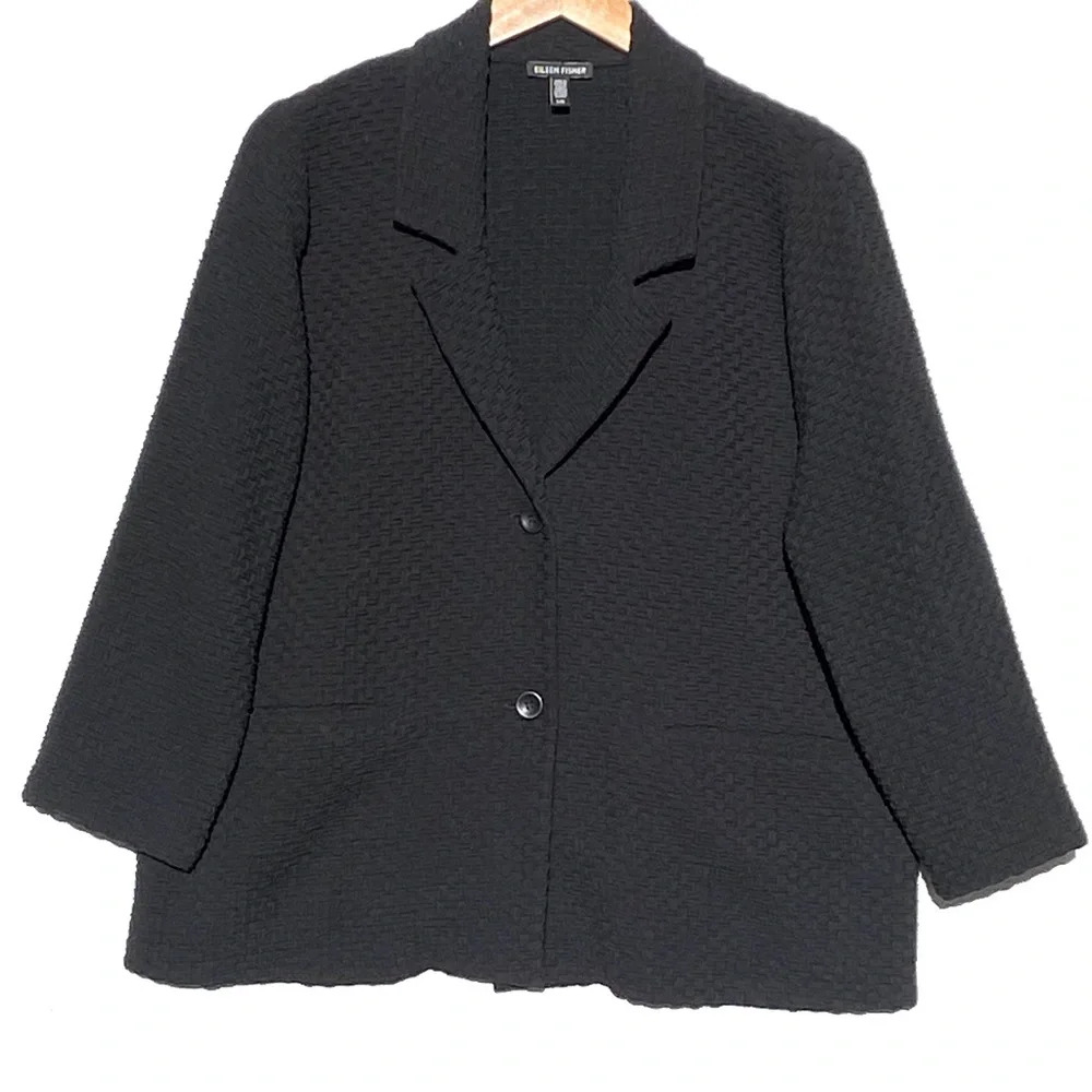 EILEEN FISHER Black Textured Jacquard Knit Two Button Oversized Blazer large